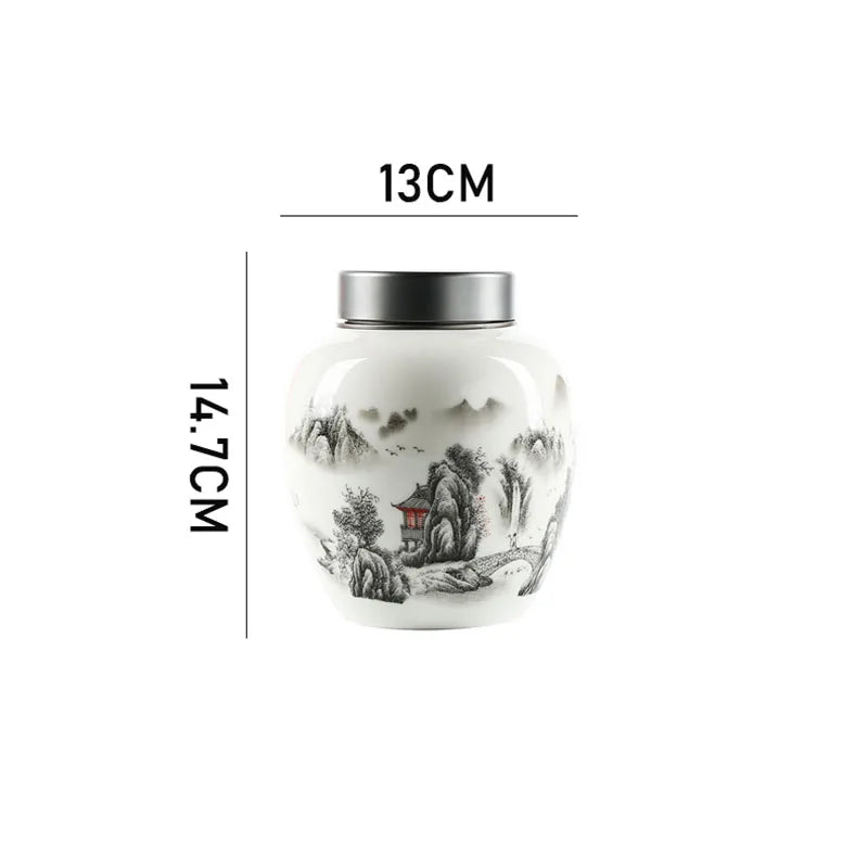 Ceramic Canister with Ink Painting for Storage