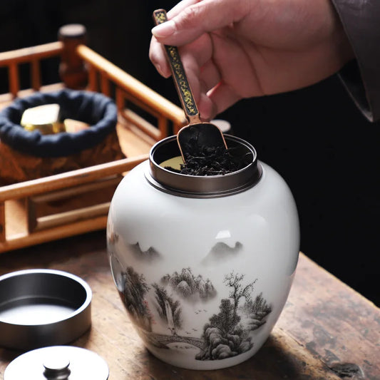 Ceramic Canister with Ink Painting for Storage