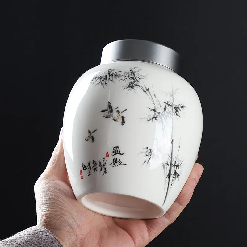 Ceramic Canister with Ink Painting for Storage