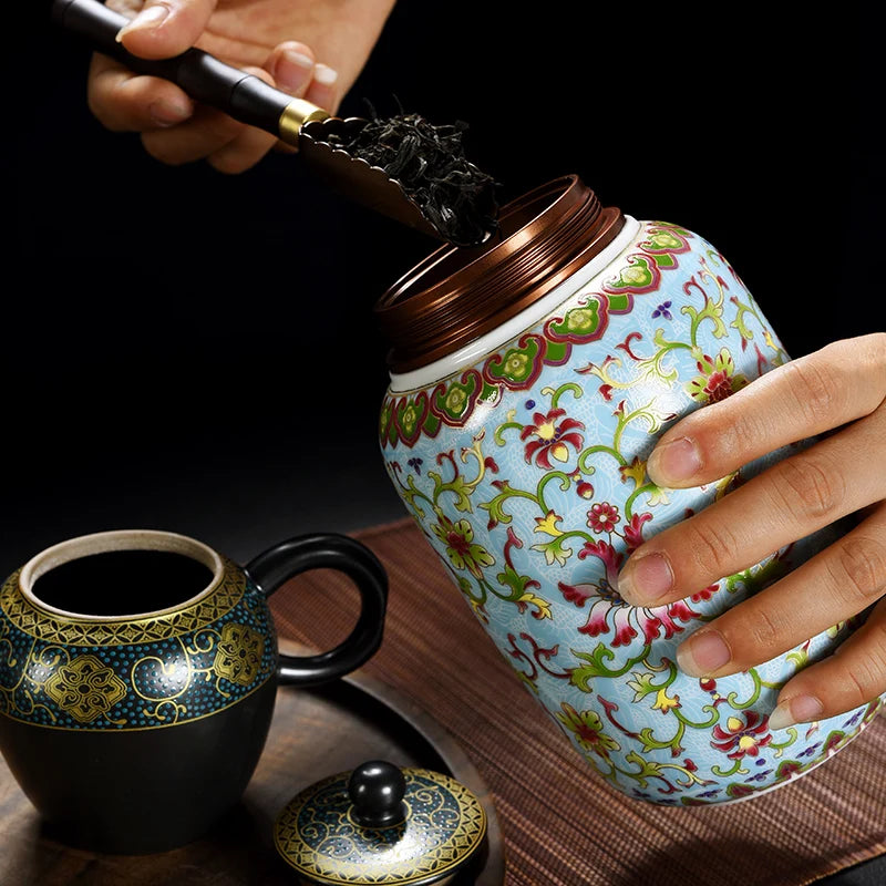 Painted Flowers Ceramic Canister for Tea and Food