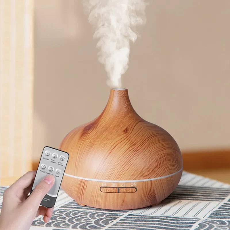 NEW For Quality 500ml Aromatherapy Essential Oil Diffuser Wood Grain Remote Control Ultrasonic Air Humidifier with 7 Colors Lighting