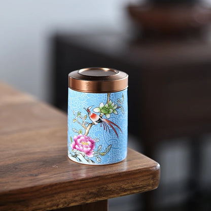 Ceramic Canister with Flower and Bird Pattern for Tea Storage