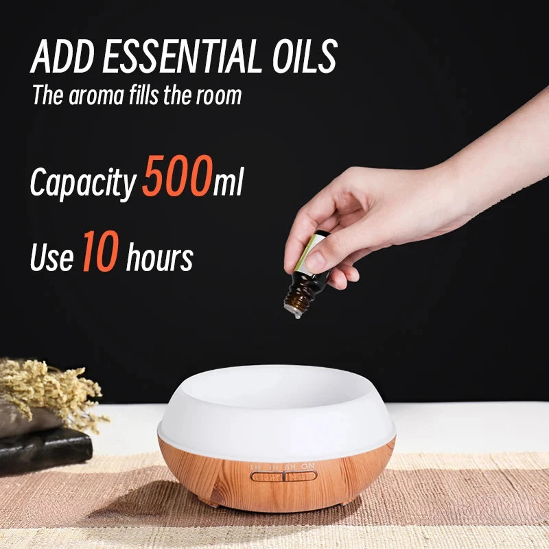 NEW For Quality 500ml Aromatherapy Essential Oil Diffuser Wood Grain Remote Control Ultrasonic Air Humidifier with 7 Colors Lighting