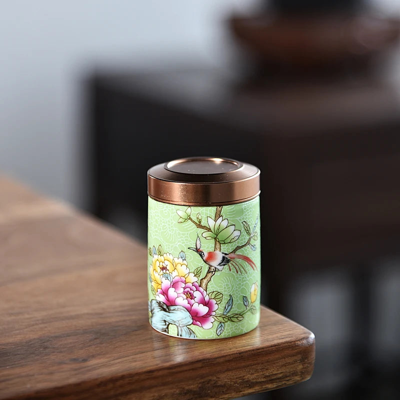 Ceramic Canister with Flower and Bird Pattern for Tea Storage