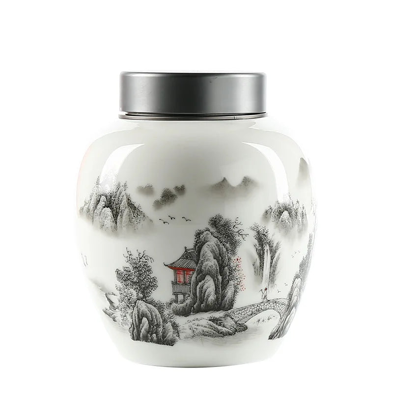 Ceramic Canister with Ink Painting for Storage