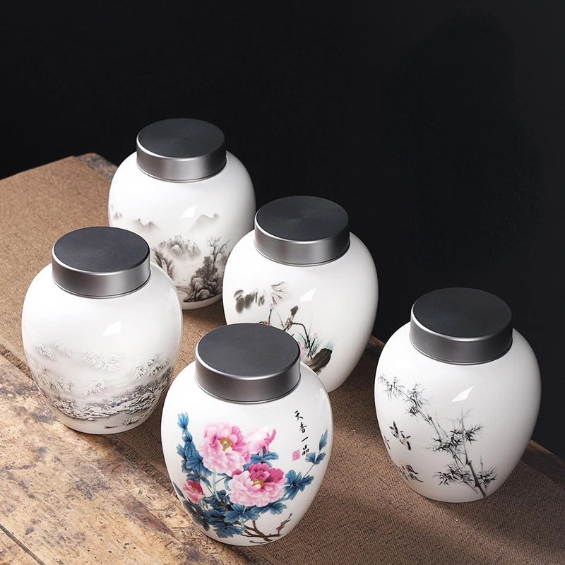 Ceramic Canister with Ink Painting for Storage